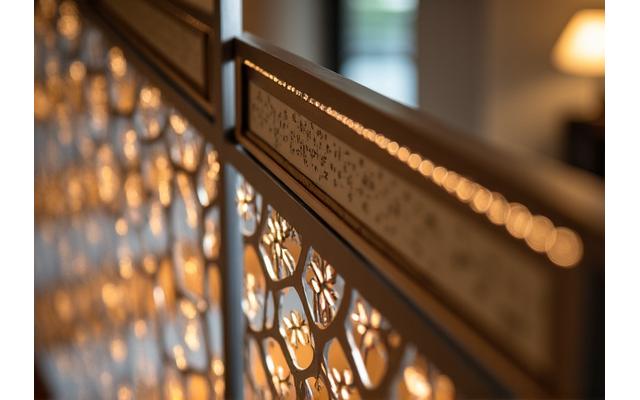 Rampe d'escalier intérieure en métal avec motifs découpés au laser, éclairage intégré, ambiance contemporaine. Design de rampe métallique, art et technique.