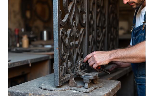Artisan restaurateur travaillant sur un ancien portail en fer forgé avec des outils manuels, ambiance d'atelier d'art, lumière douce. Restauration de patrimoine métallique.